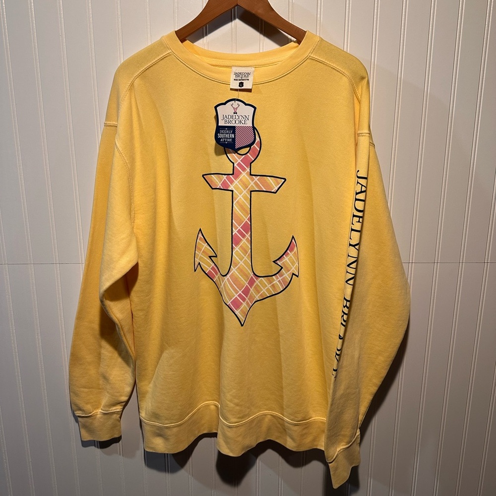 NEW Jadelynn Brooke Yellow Plaid Anchor Crewneck Sweatshirt- Large